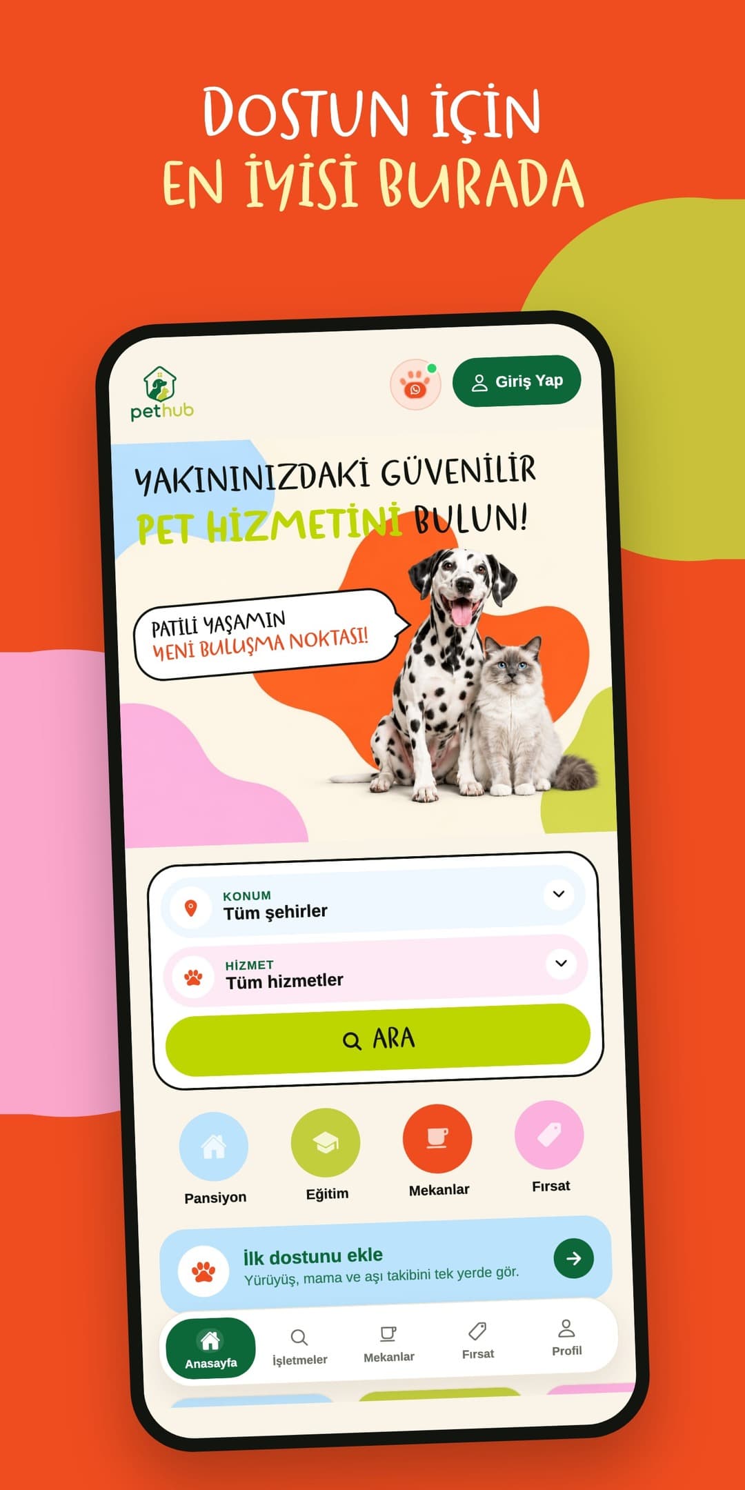 PetHub uygulamasının ana ekranı