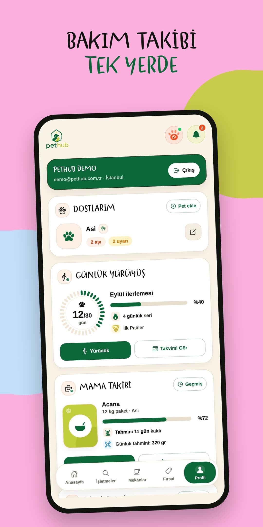 PetHub uygulaması: yürüyüş ve mama takibi